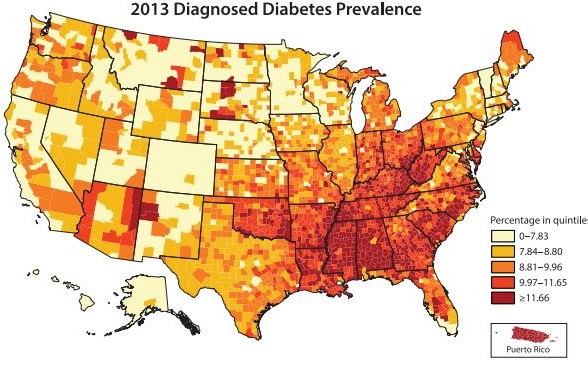 diagnosed diabetes prevalence, 2013, showing concentration of diabetes in the mid-south region of the US