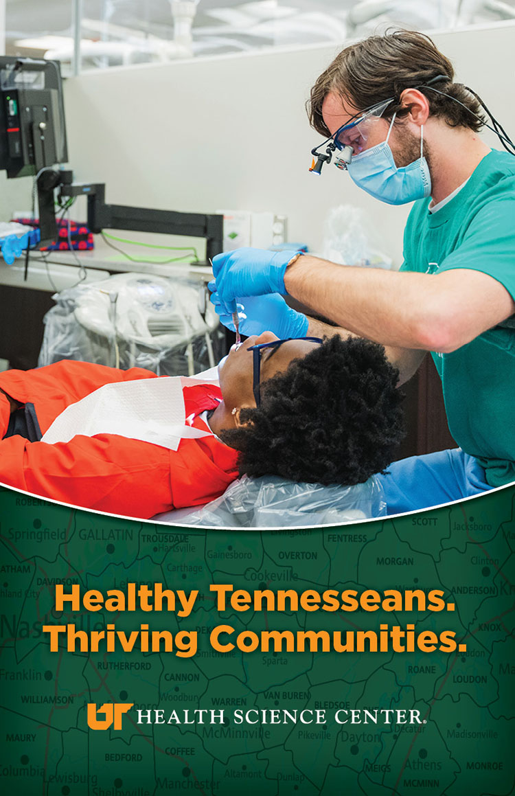 UTHSC Vision poster with graphic of dentist working on patient.
