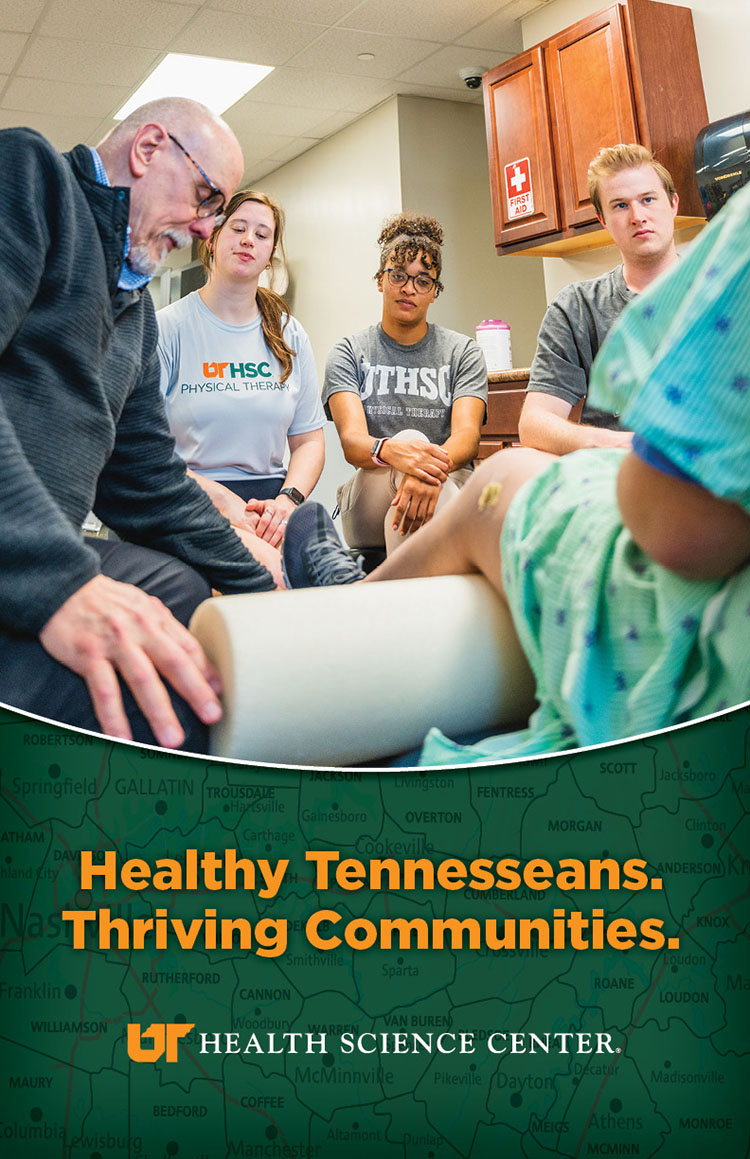 UTHSC Vision poster with graphic of PT students working with patient.