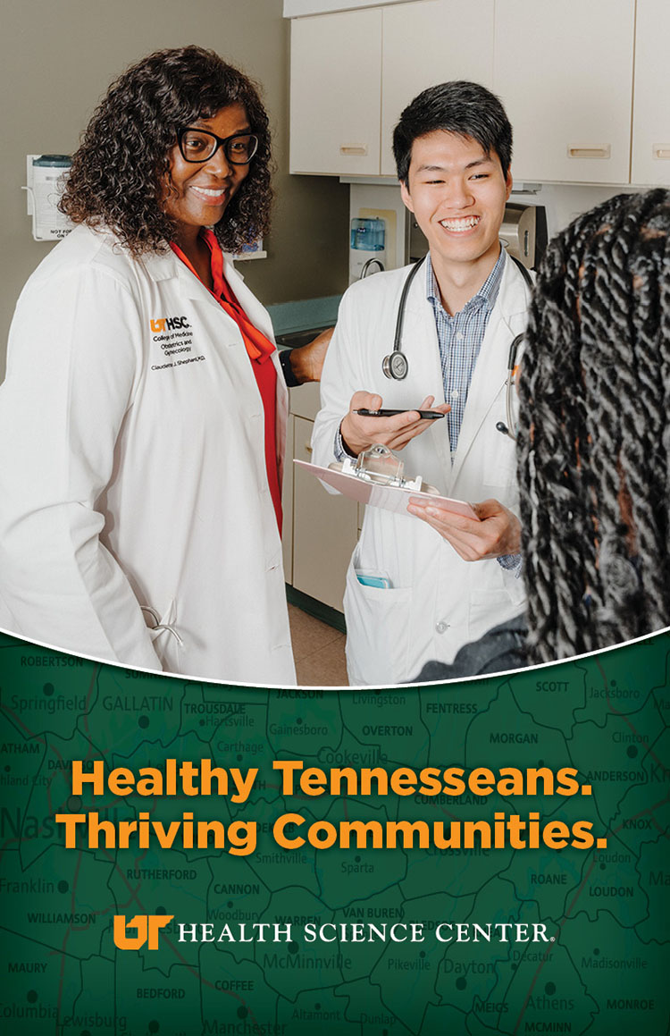 UTHSC Vision poster with graphic of two doctors talking to patient.