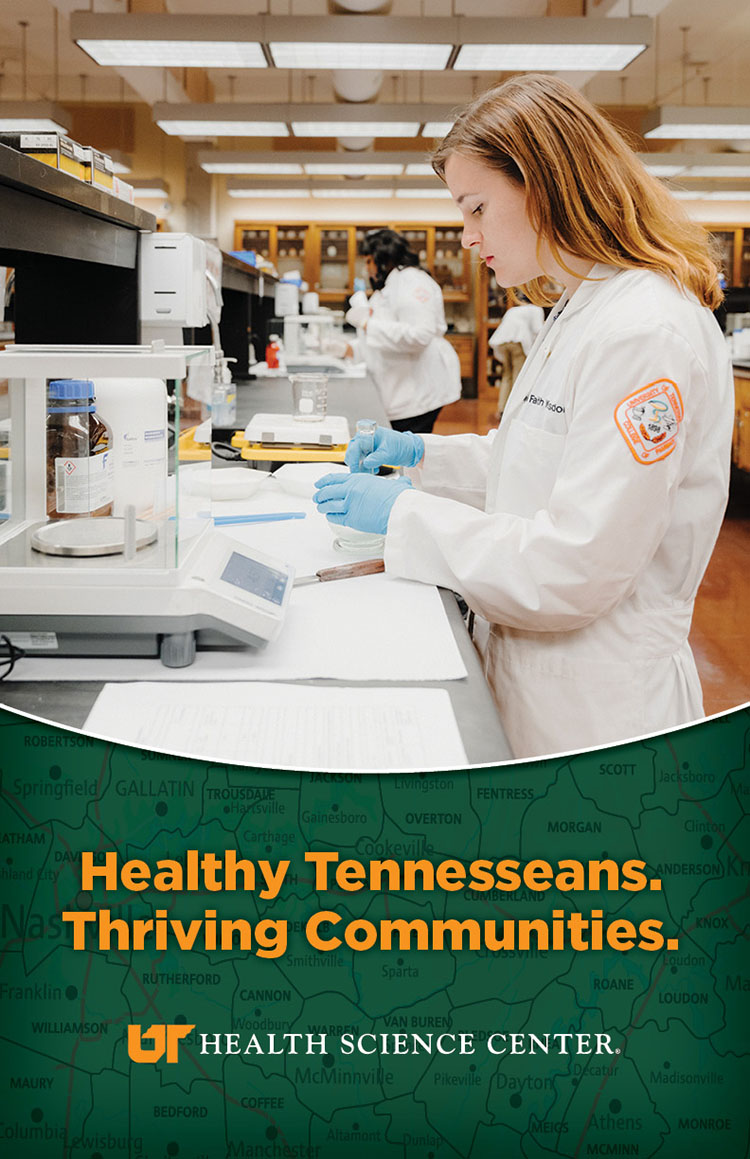 UTHSC Vision poster with graphic of student working in Pharmacy lab.