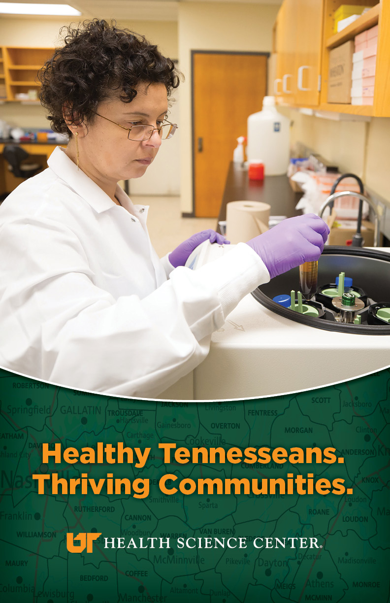 UTHSC Vision poster with graphic of faculty working with centrifuge.