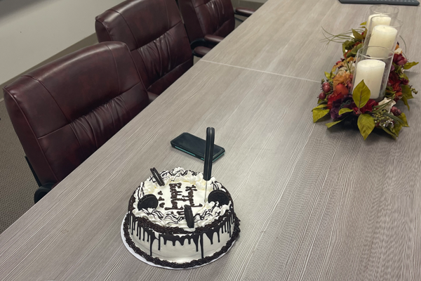 Resident's oreo cookie birthday cake sitting on a table