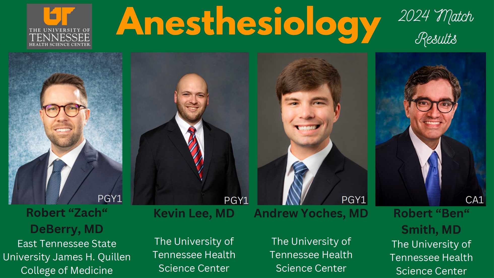 2024 Anesthesiology matches: Drs. DeBerry, Lee, Yoches, and Smith