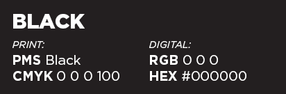 black, pms black, cmyk 0/0/0/100, rgb 0/0/0, hex #000000