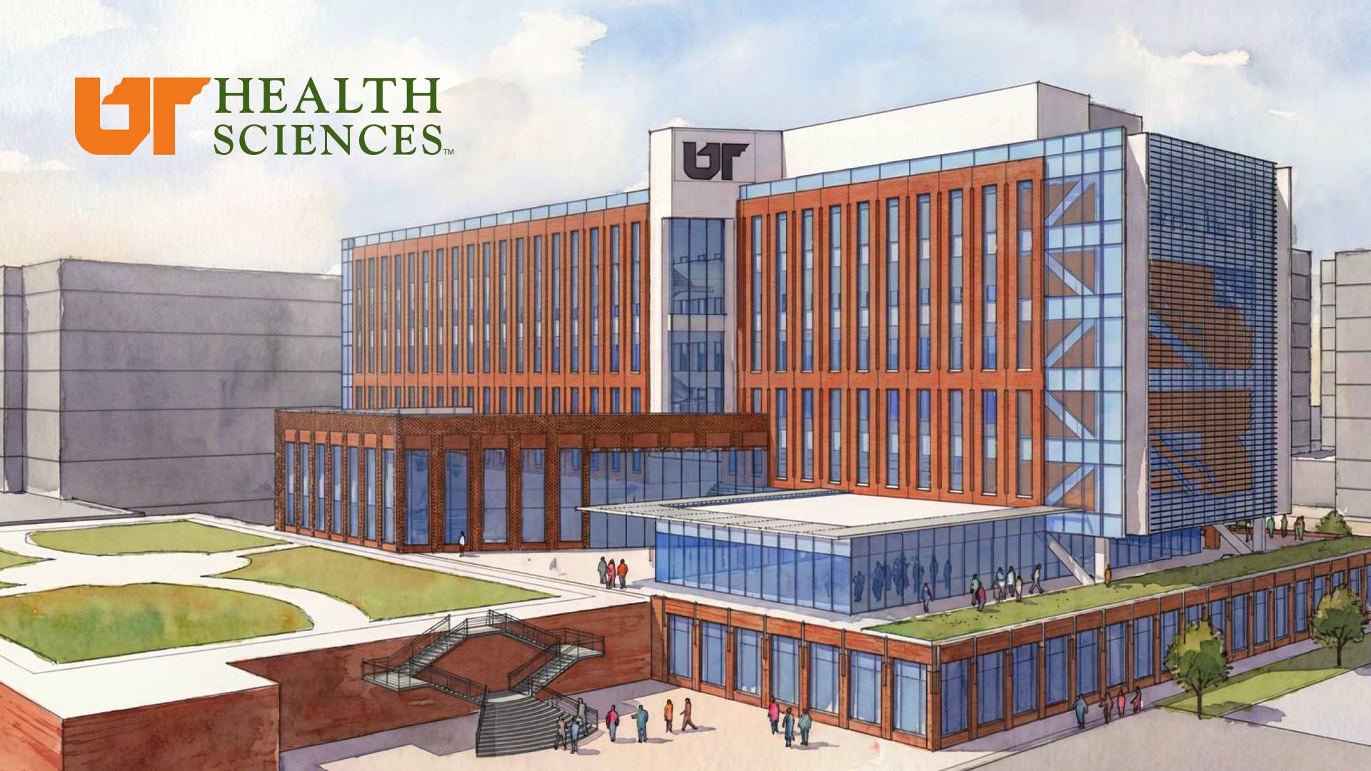 Concept art of the new College of Medicine interdisciplinary building with UT Health Sciences logo.