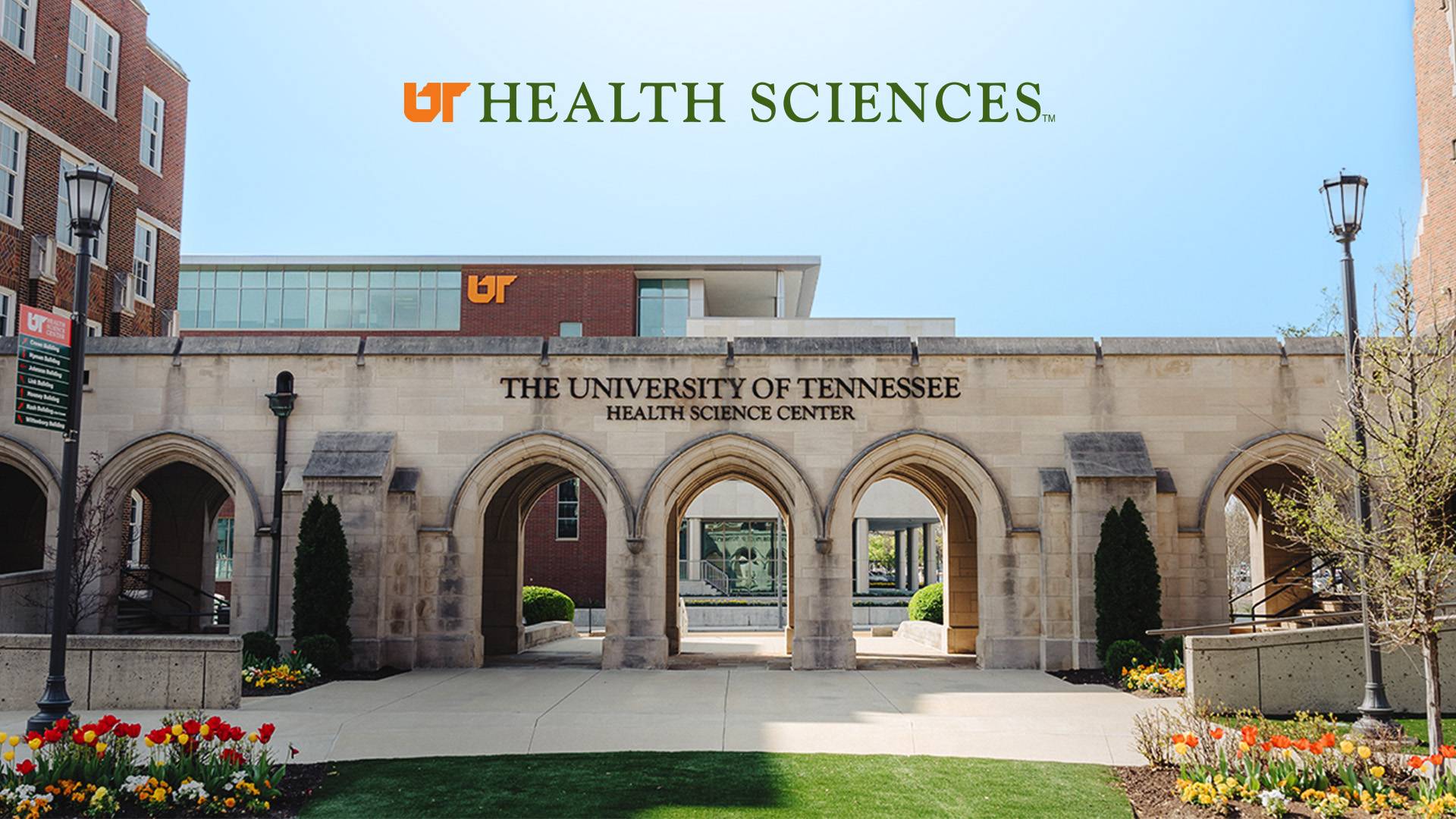The arches located at the quad on the UT Health Sciences campus with our logo above them.