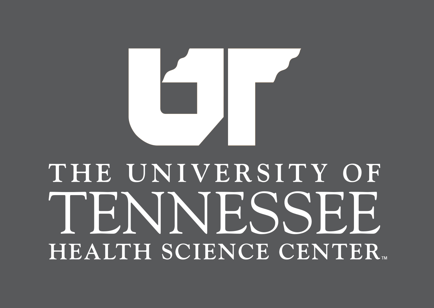 UTHS legacy centered logo reversed using white for dark background.