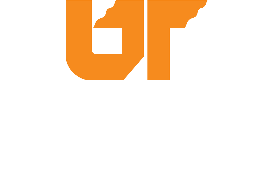 UTHS centered logo reversed with orange and white for dark background.