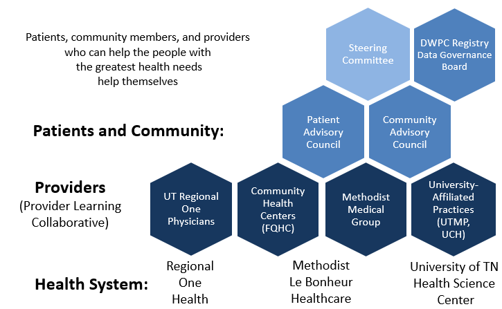 DWPC organization, showing hierarchical relationship among steering committee and registry data governance board, the patients and community (advisory councils), providers in the Provider Learning Collaborative, and the health system organizations (Regional One, Methodist LeBonheur, and UTHSC)