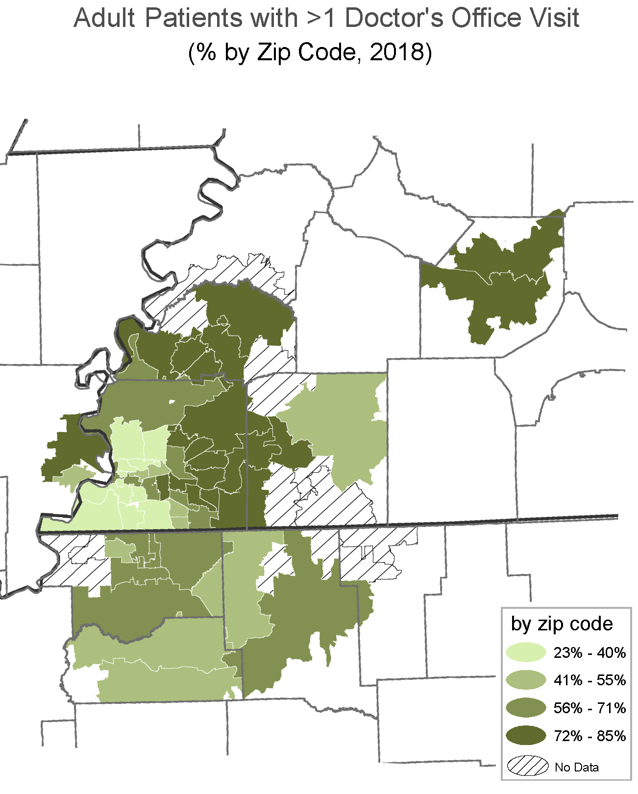 Heat map showing that many residents in lower-socioeconomic zip codes in Memphis do not make more than one doctor's visit a year, indicating a lack of basic primary and preventive care. 
