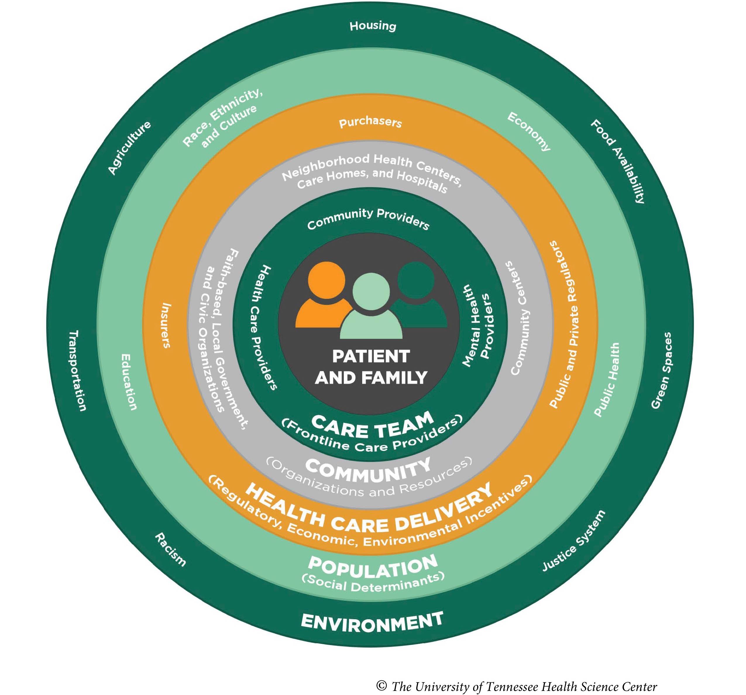 health ecological system with concentric circles illustratiing the different levels of a health system and their proximity to the patient. Most immediate is the family and care team. These are influenced by the health care delivery systems, the population and environment (social determinants of health), and finally, the environment including prejudices. 