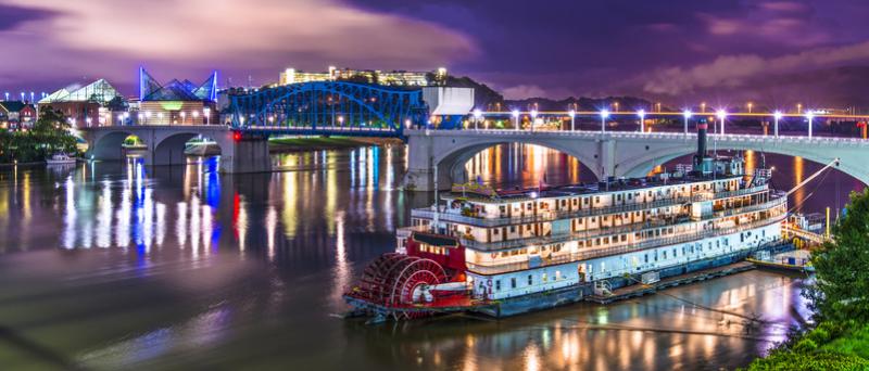 Beautiful Tennessee River against the night lights of Chattanooga