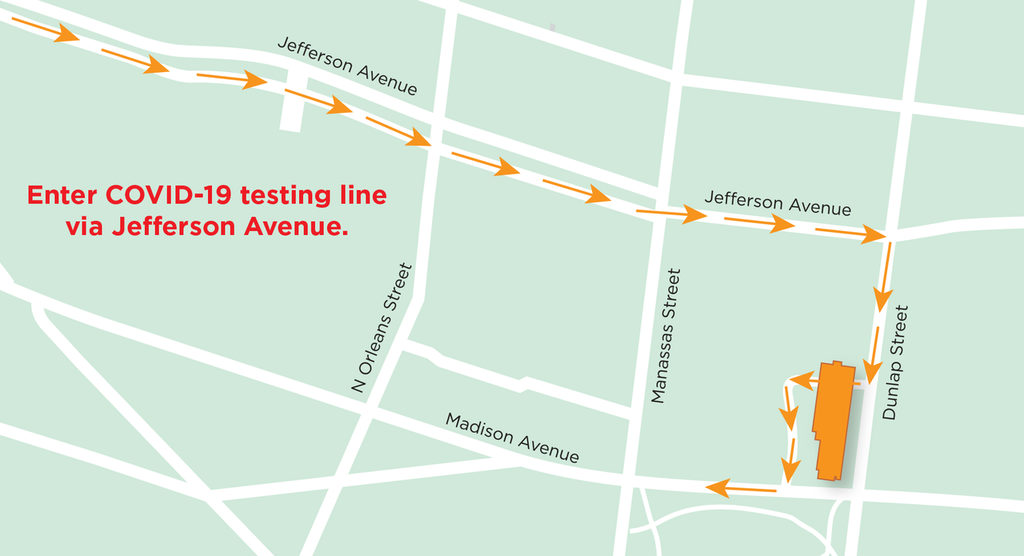 Enter COVID-19 testing line via Jefferson Avenue.