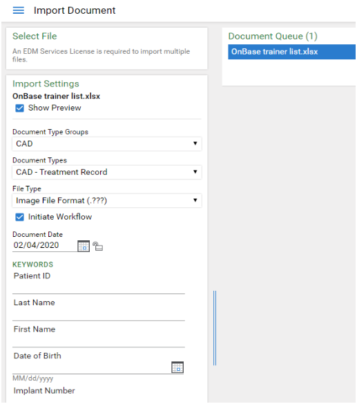Import screen