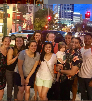 Residents and families in downtown Memphis at night