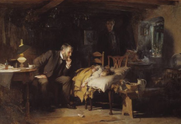 Painting of a doctor at a child's beside with parents in the background