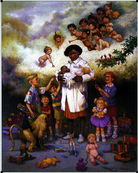 artwork titled The Pediatrician showing a doctor with children all around her