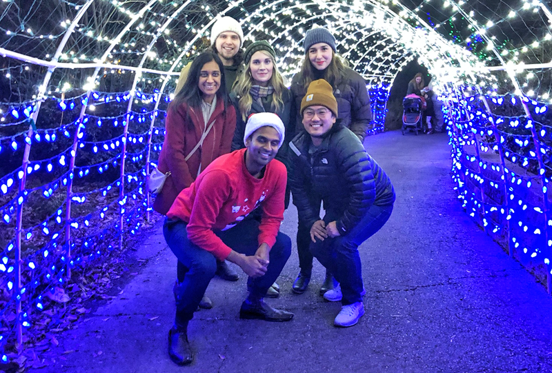 Six residents in a winter light tunnel