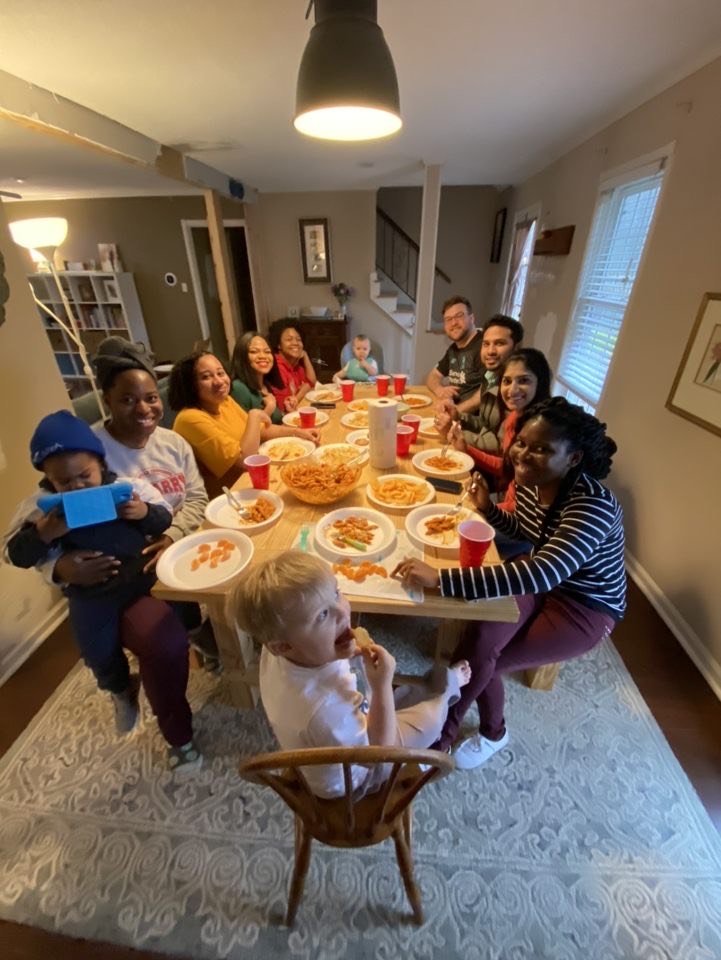 group of residents eating dinner