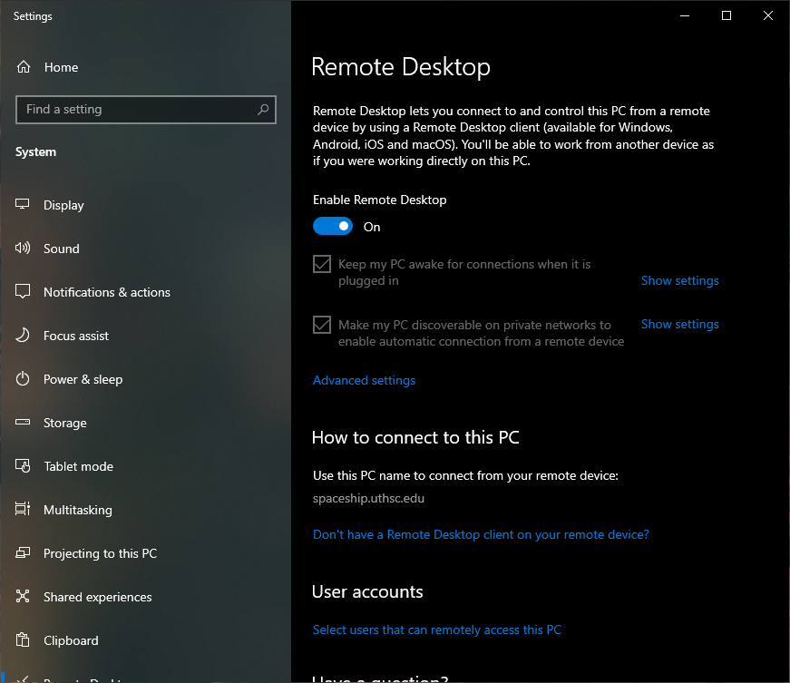 remote desktop settings screen
