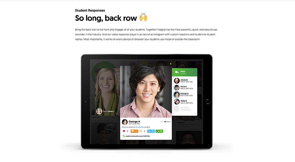 Flip website on a dark tablet. 'Student Responses. So long, back row.'